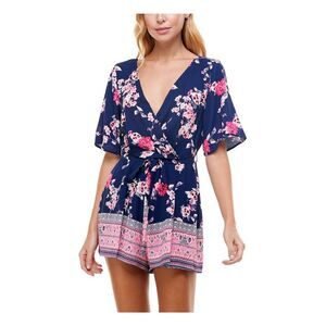 TRIXXI Womens Stretch Belted Surplice Neckline Romper